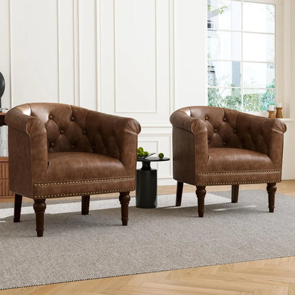 Accent Chair, Upholstered Faux Leather Barrel Chair with Nailed Trim, Comfy Club Armchair for Reading Living Room Bedroom Waitin