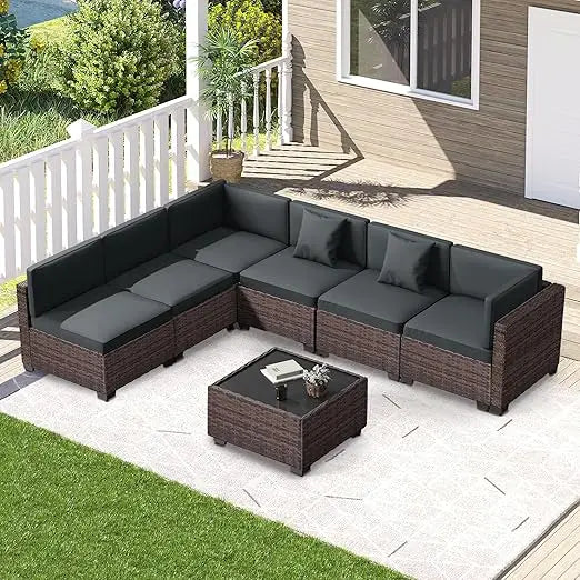 7-piece outdoor patio set, rattan chairs, glass table, wicker sectional for conversation seating