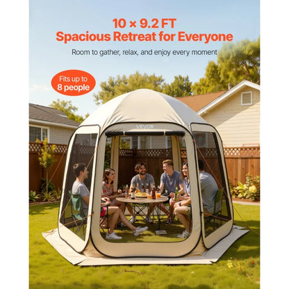 Screen House Tent 10 x 9.2 ft Beige 4-8 Person Pop Up Screened Canopy with Netting Sides Ground Stakes Carry Bag for Garden Pat