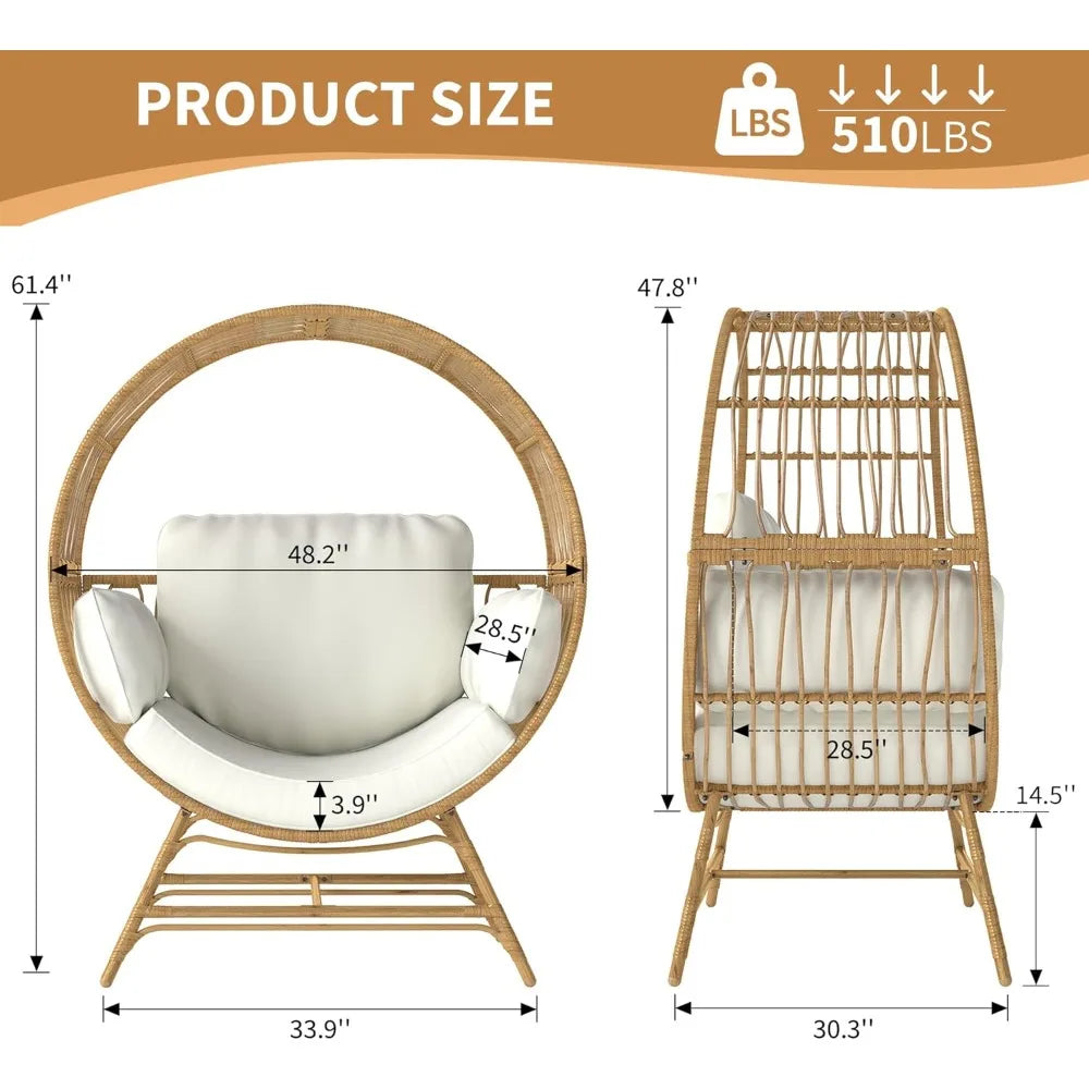 Egg Chair Outdoor Indoor, Oversized Rattan Chair with Thicken Cushion, 510LBS Capacity Wicker Patio Lounge Chair, Basket Chair f