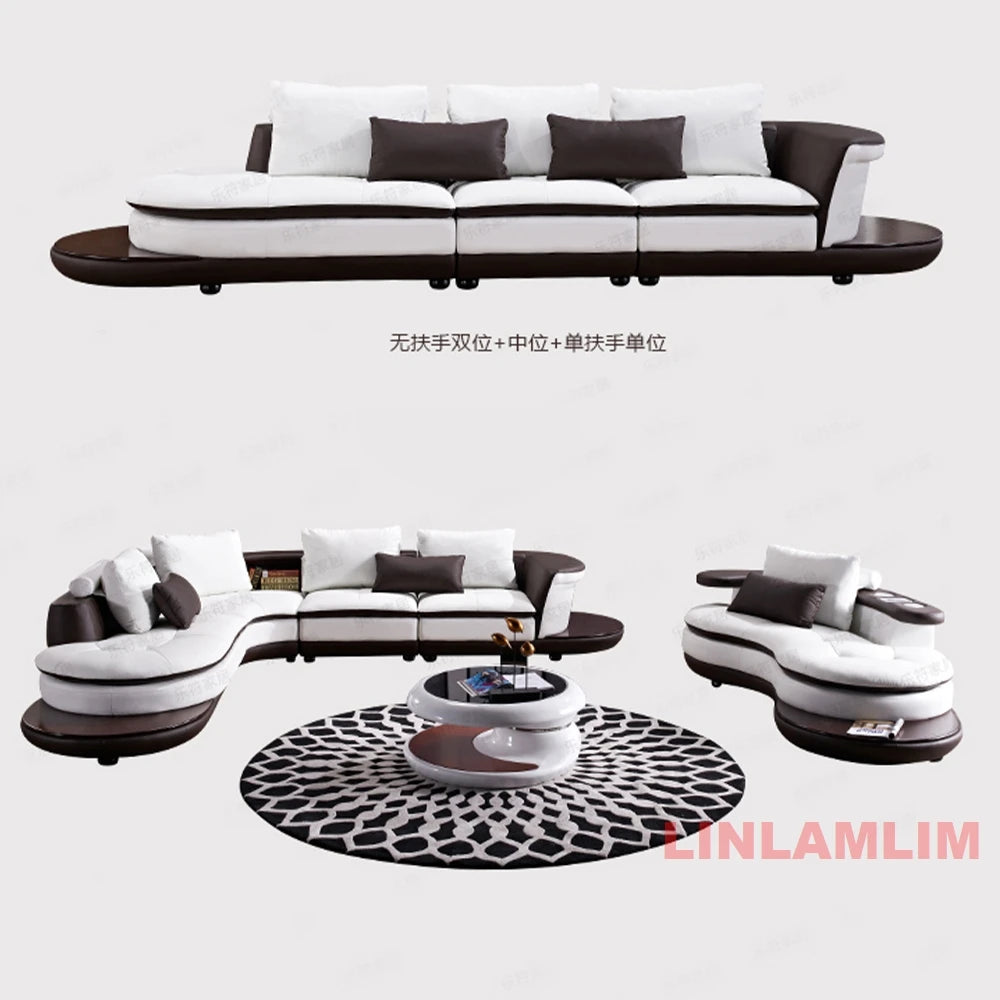Modern Luxury Genuine Leather Sectional Sofa Set with Speaker and USB, U-Shaped Design Living Room Couch with Storage Shelves