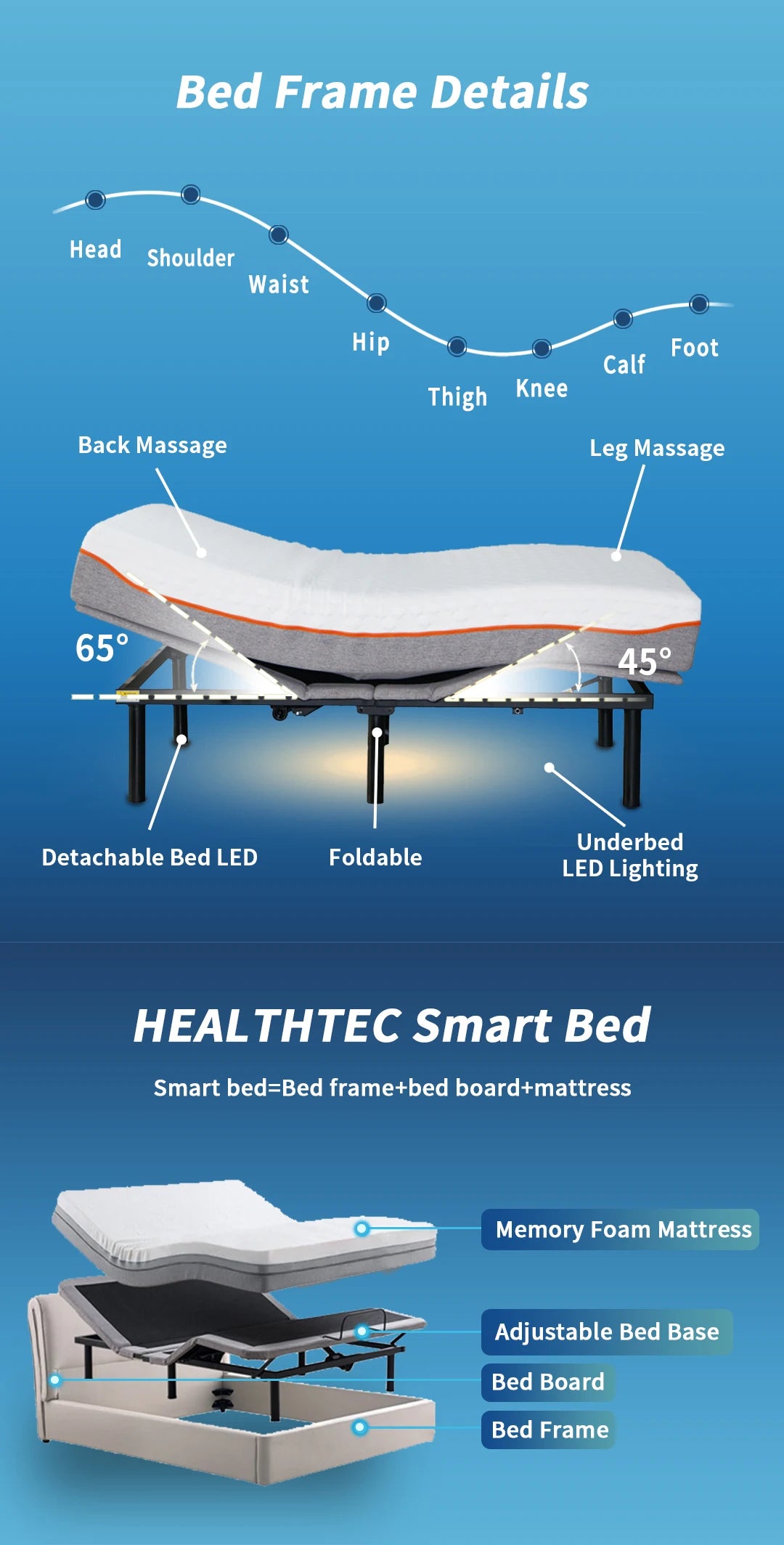 Factory OEM Okin Motor King Bed and Queen Electric Adjustable Bed Frame Smart Bed with Massage