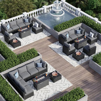 8 Piece Patio Furniture Set with 44” Fire Pit Table Wicker Rattan Patio Sectional Sofa Set Outdoor Seating Furniture with Thick