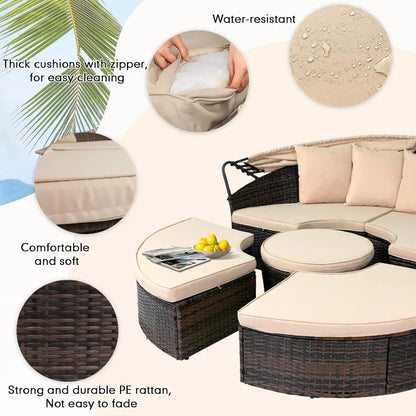 Outdoor Patio Daybed with Retractable Canopy, Wicker Rattan Sectional Round Sofa Furniture Set, 5 Pieces Seating Separates Cushi