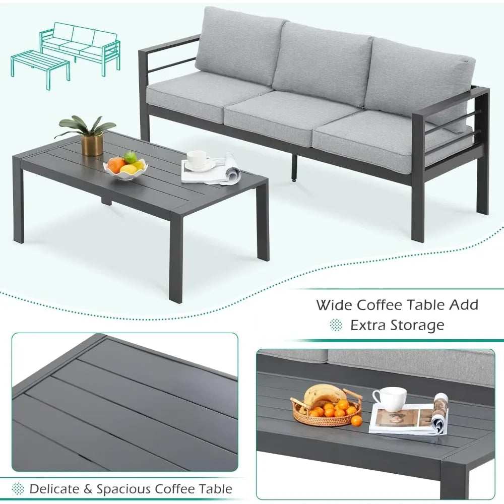 Aluminium modern patio furniture with coffee table, 7-piece outdoor conversation set, dark grey cushions, suitable for balcony