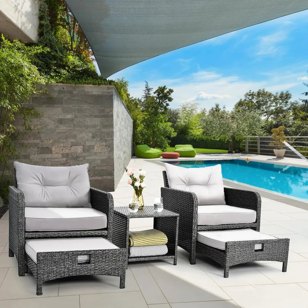 5 Pieces Outdoor Patio Wicker Chairs Set with Ottoman Outside Conversation Furniture Set with Cushions and Coffee for Ba