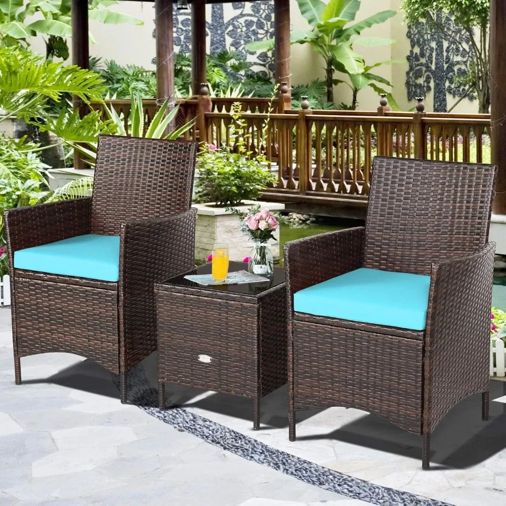 3 Pieces Patio Furniture Set, Wicker Outdoor Furniture with Water-Resistant Cushion & Tempered Glass Top Table, Conversation Set