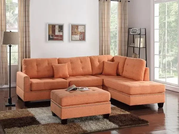 3pcs Modern Citrus Sectional Couch Sofa Leather Reversible Ottoman Chaise Linen Tufted Polyfiber Adhd Armchairs Bean Bag Bed