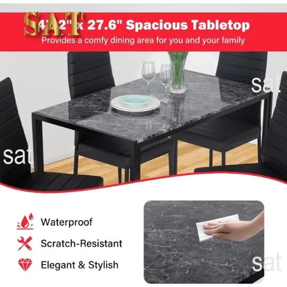 Dining Table and Chairs Set,Modern Rectangular Marble Table top with 4 Chairs PU Leather for Dining Room