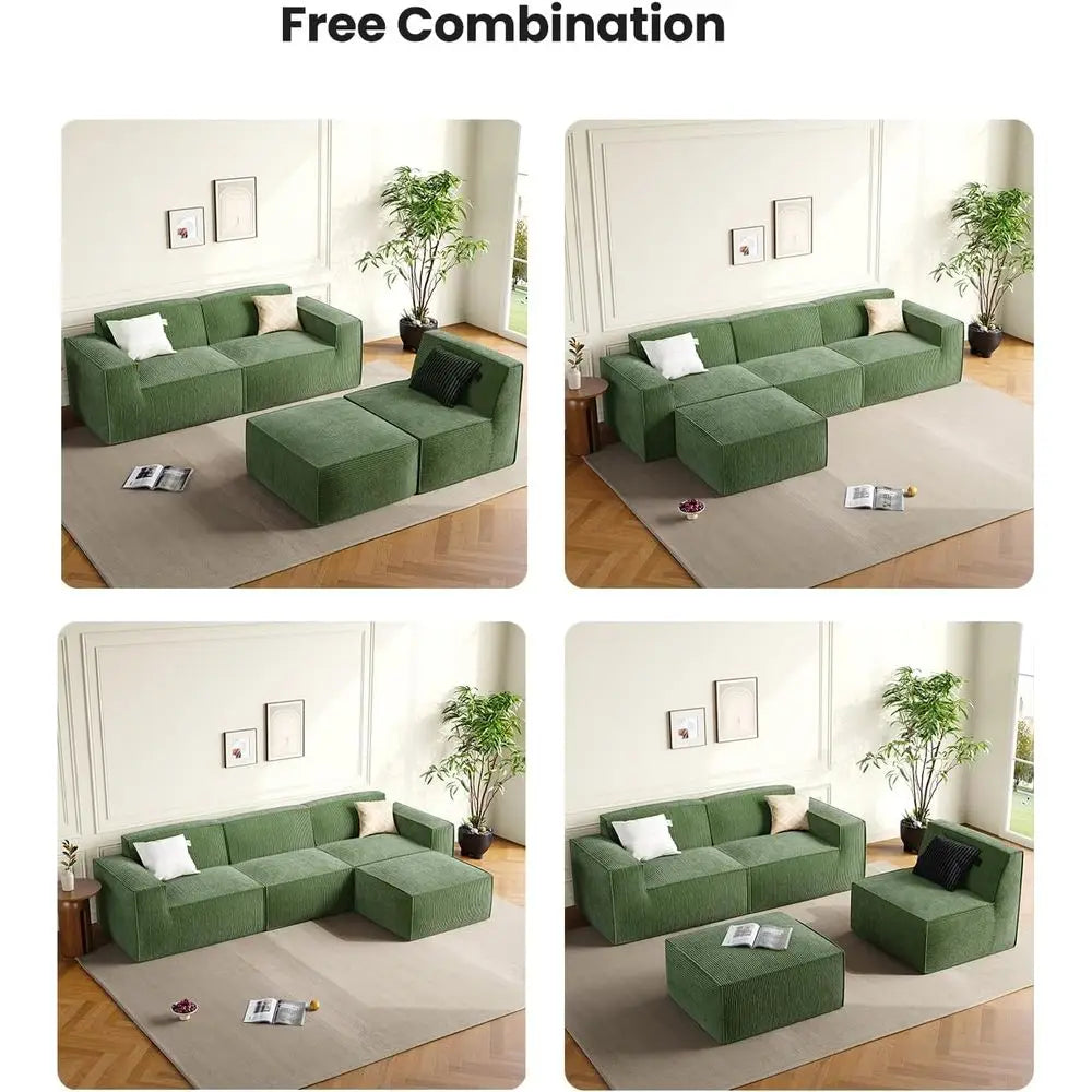 L-Shape Sectional Couch with Chaise & Ottoman, Deep Seat Sofa, Living Room/Bedroom, Ready to Use, Green Corduroy