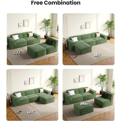 L-Shape Sectional Couch with Chaise & Ottoman, Deep Seat Sofa, Living Room/Bedroom, Ready to Use, Green Corduroy