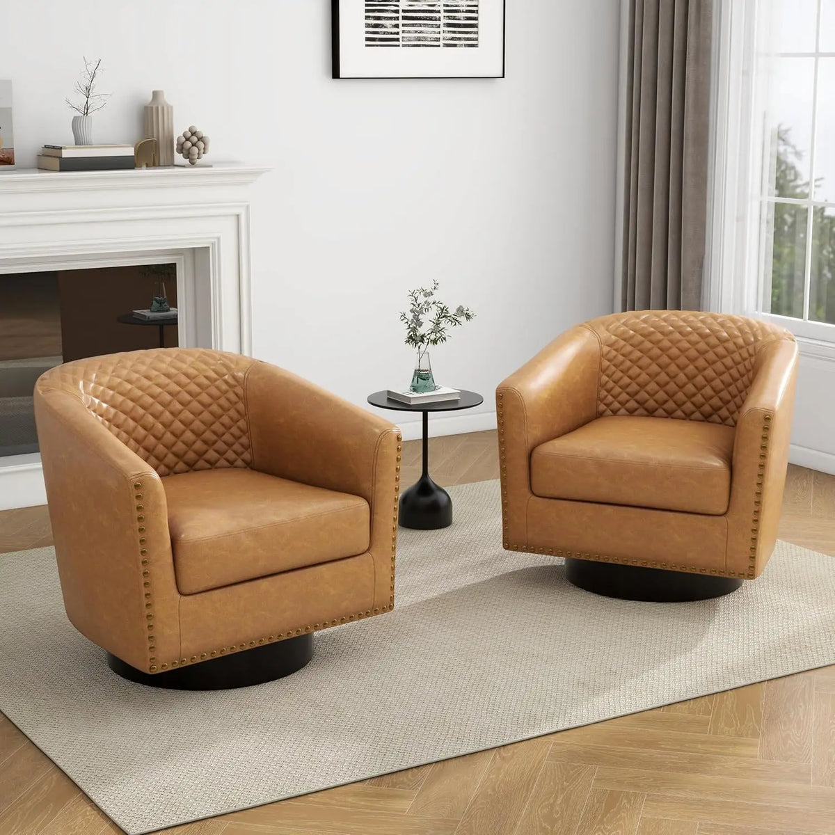 Faux Leather Swivel Barrel Accent Chairs Set of 2, Upholstered Armchair Club Chair for Living Room, Round Comfy Single Sofa Bedr