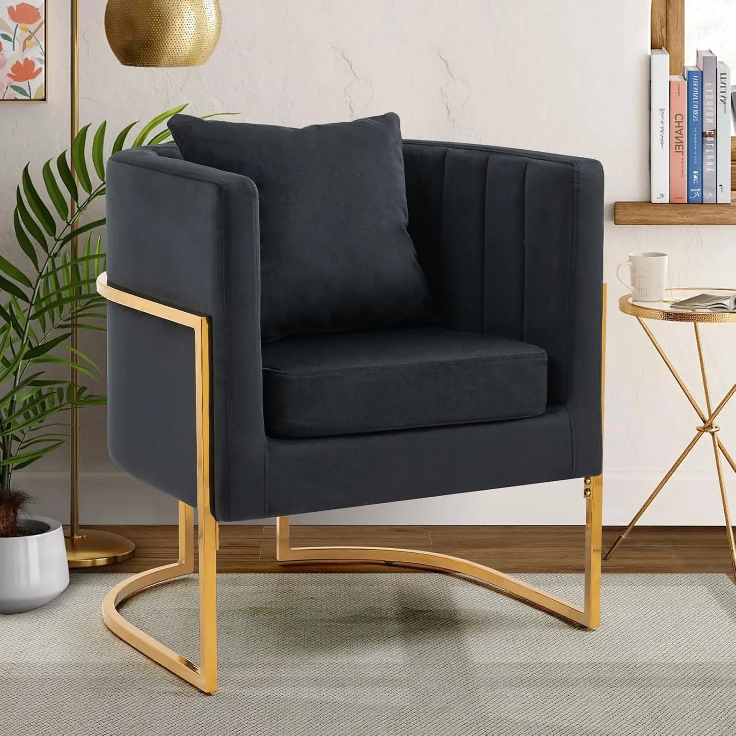 Velvet Modern Accent Chair, Upholstered Barrel Armchair Mid Century with Pillow for Living Room, Comfy Single, Customized