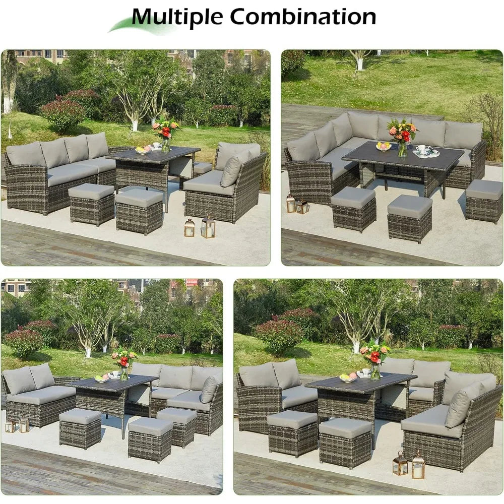 Patio Furniture Set, 7 Pieces Outdoor Patio Furniture with Dining Table&Chair, All Weather Wicker Conversation Set with Ottoman