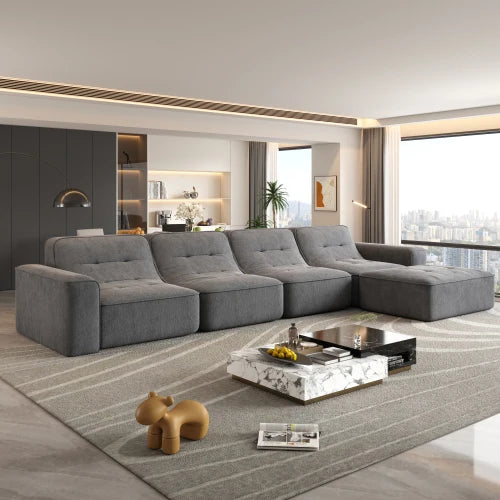 U-Shaped Sectional Sofa, Convertible Modular Couch with Double Chaise, 4-Seater Living Room Furniture, Black