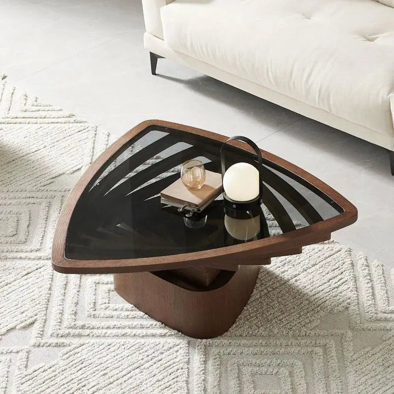 Table basse en verre de Style moderne, forme triangulaire, cadre en bois, Table à thé pour le salon