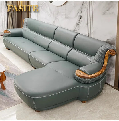 Modern simple ebony leather sofa new Chinese living room size apartment solid wood first layer cowhide new combination