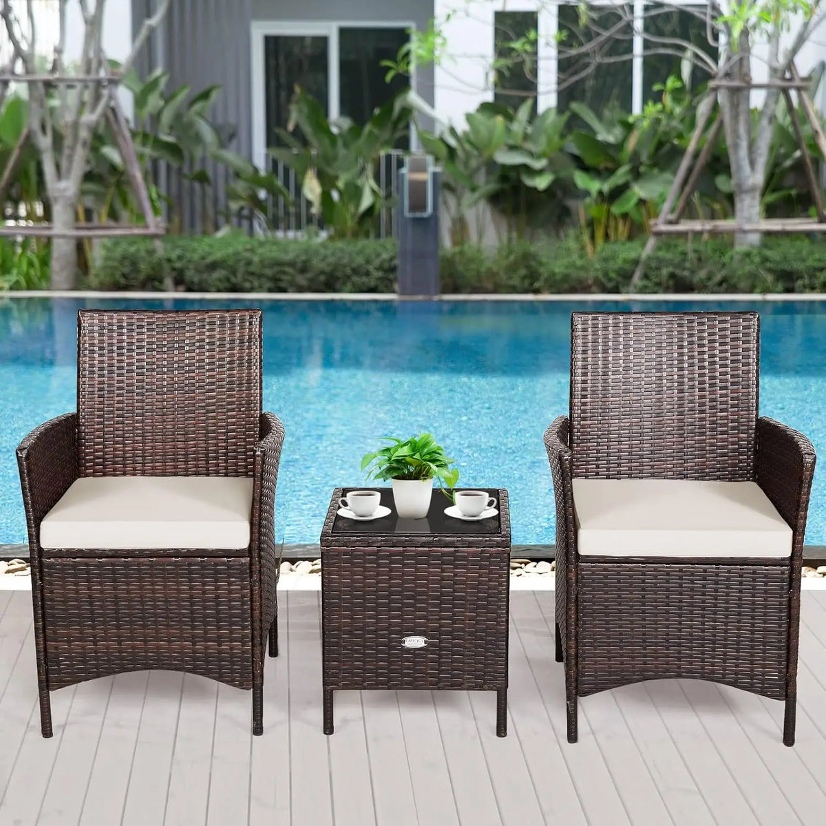 3-Piece Patio Conversation Set, Wicker Chairs with Glass Top Square  Furniture Set for Garden Backyard Balcony Poolside (White)