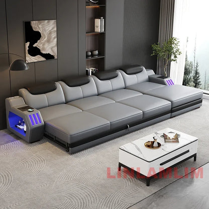 Modern Genuine Leather Massage Sectional Sofa Bed with Adjustable Headrests & LED Lights, Recliner Couch Set with Storage & USB
