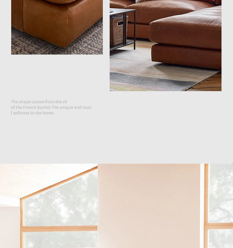 leather sofa, antique milk brown first layer cowhide L-shaped concubine seat in the living room, American retro leather sofa