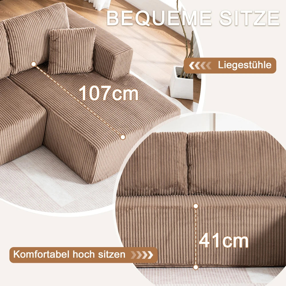 Living Room Boneless Modular Sofa, Corduroy Fabric, Modern U-shaped Leisure Sofa, High-density Sponge, No Assembly, for Home