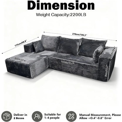 Modular Sectional Sofa Cloud Sectional Couch, 107" Comfy Fluffy L Shaped Dark Black Couches for Living Room