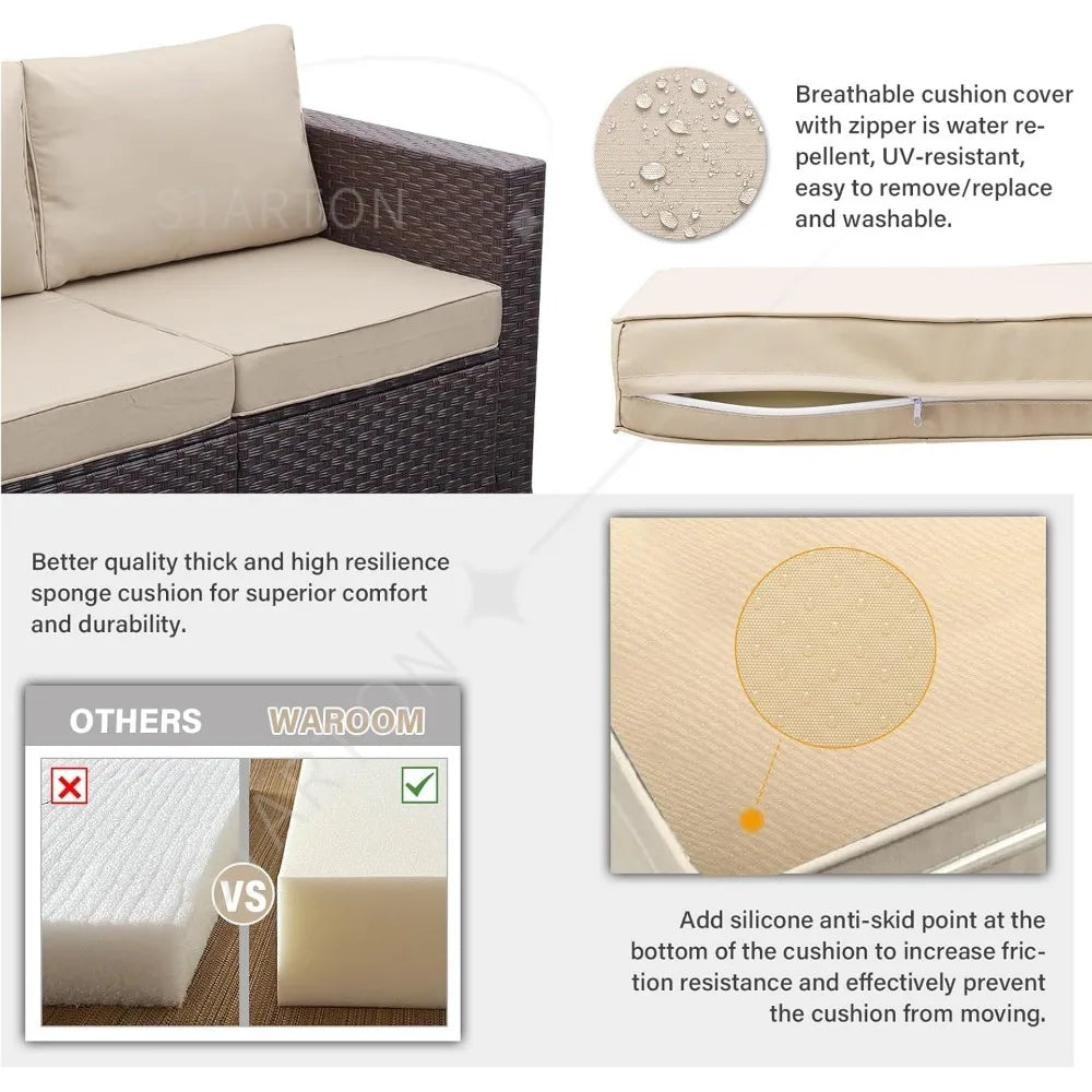 Outdoor Patio Furniture Set 4 Piece， Brown Rattan Sectional Sofa Couch PE Wicker Conversation Sets with Storage Box Glass Top Ta