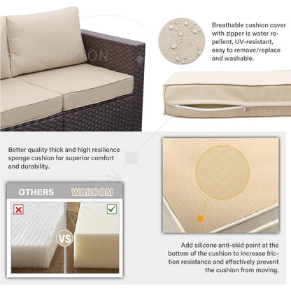 Outdoor Patio Furniture Set 4 Piece， Brown Rattan Sectional Sofa Couch PE Wicker Conversation Sets with Storage Box Glass Top Ta