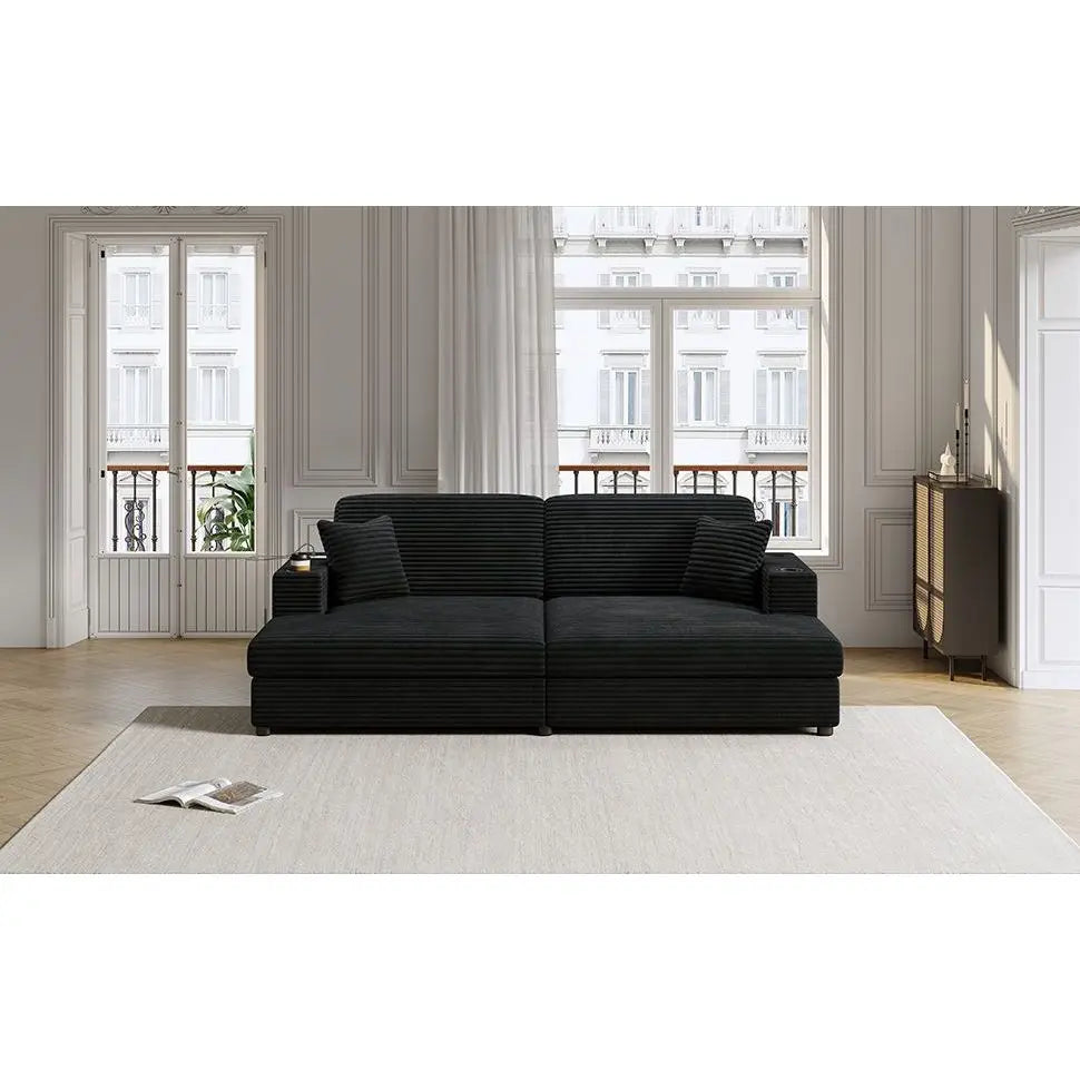 86.5\" Oversized Loveseat Corduroy Chaise Lounge Sectional Sleeper Sofa Two USB Ports Two Cup Holders Two Throw Pillows Black