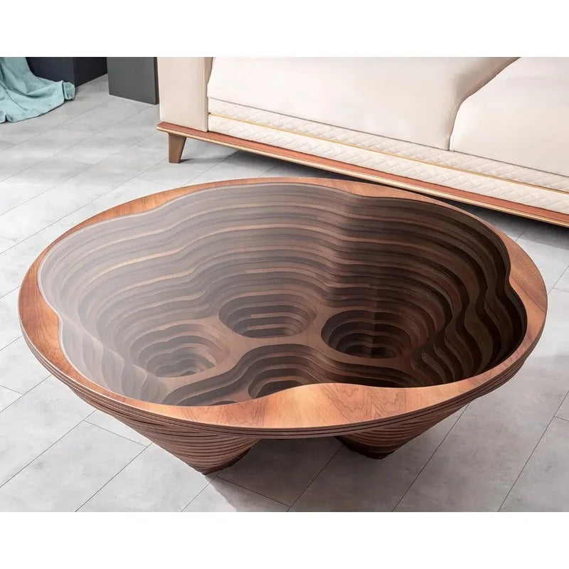 Table basse en spirale en bois – Table décorative moderne et élégante avec plateau en verre, design artisanal – Salons