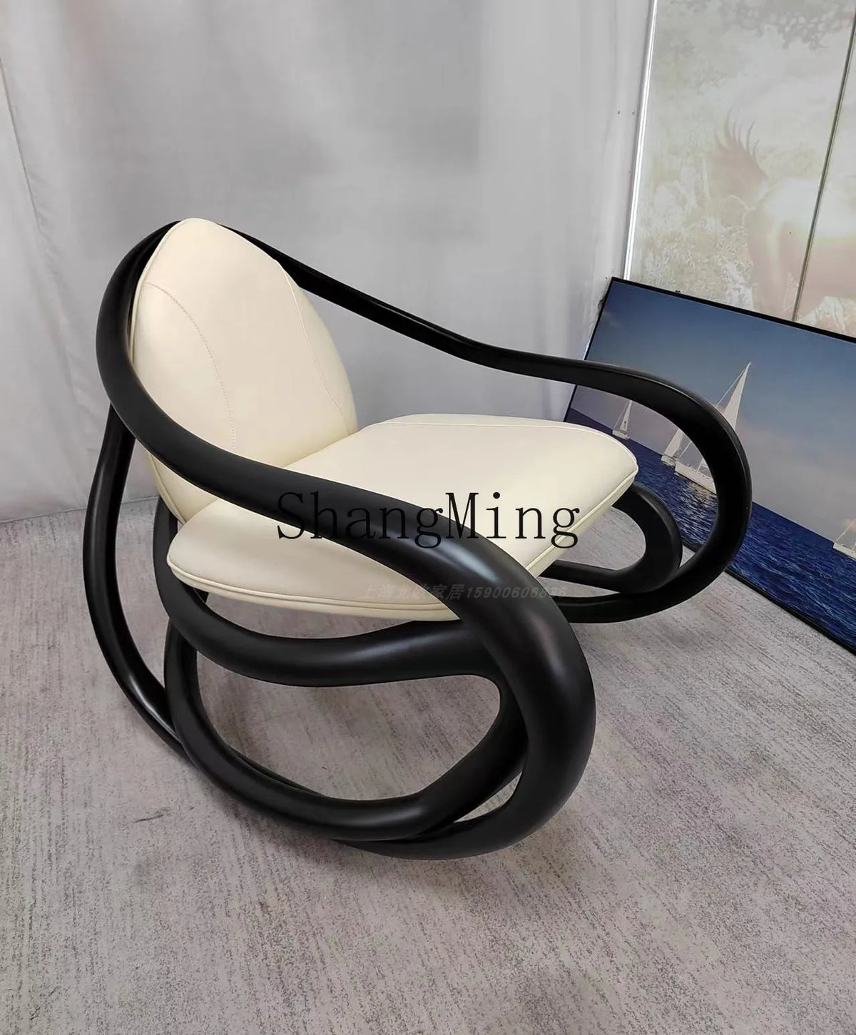FG black walnut leather balcony lazy chair villa living room leisure solid wood rocking chair