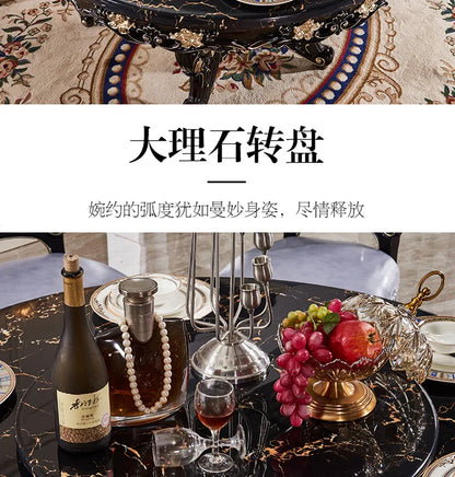 European marble dining table and chair combination American round table ebony French solid wood round home
