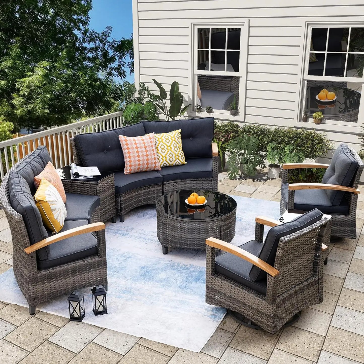 Half Moon Rattan Patio Conversation Set, Multi-Piece Outdoor Furniture