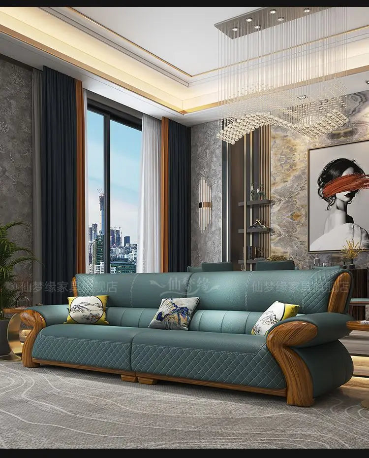 New leather sofa modern simple light luxury ebony solid wood new Chinese small apartment living room popular furniture
