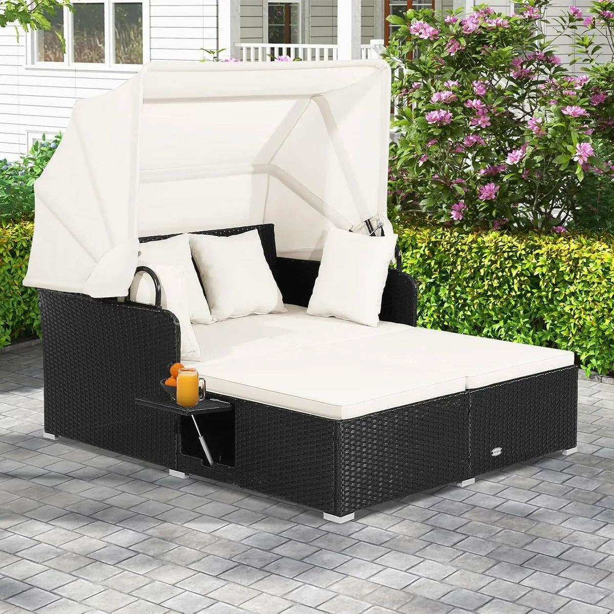 Outdoor Daybed, 2-Person Wicker Patio Sofa with Retractable Canopy, Cushions & Pillows, 2 Side Trays, PE Rattan Double, Custom