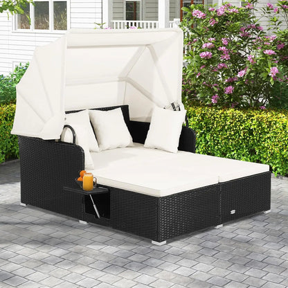 Outdoor Daybed, 2-Person Wicker Patio Sofa with Retractable Canopy, Cushions & Pillows, 2 Side Trays, PE Rattan Double, Custom