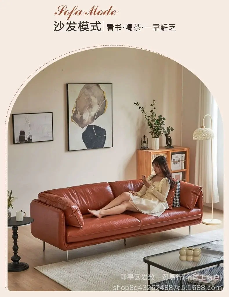 Retro oil wax leather living room sofa Modern simple small apartment sofa