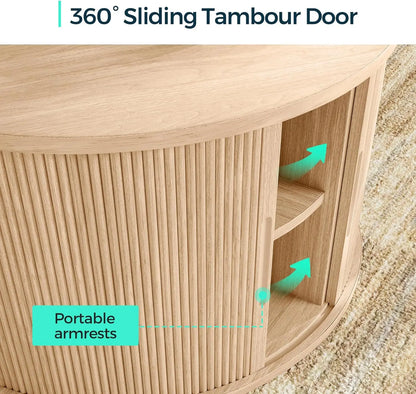Round Coffee Table,31.5" Drum Coffee Table with Sliding Tambour Door,Fluted Accent Center Table with Storage,Modern Coffee Table