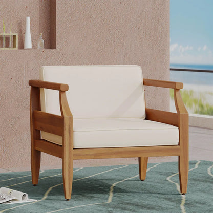 Outdoor Acacia Wood Lounge Armchair with Water Resistant Cushion, Modern Club Chair for Garden Patio Backyard Poolside