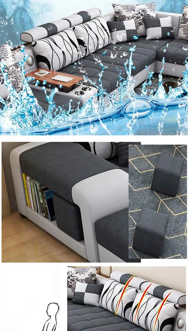 Modern Fabric Sofa Set Furniture Living Room Sofa Set with USB and Stools U Shape Cloth Couch Sofas for Home Furniture 1903