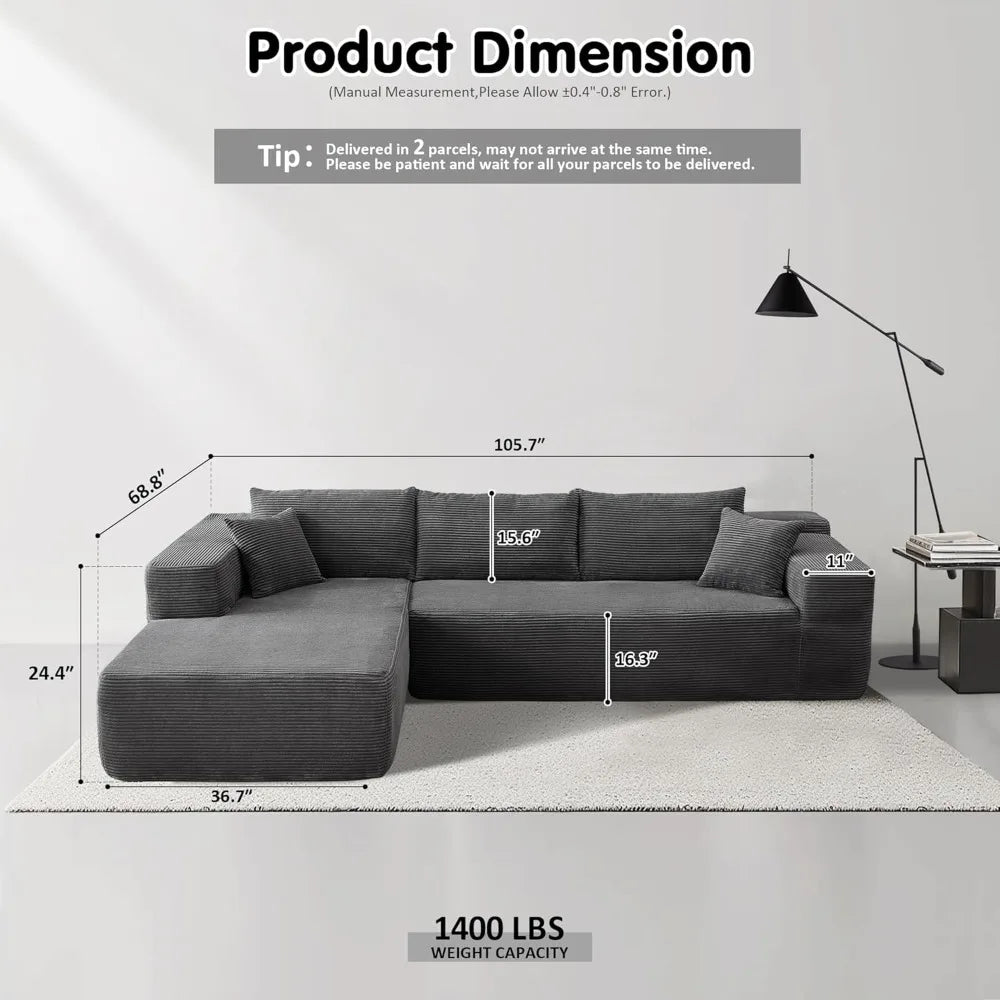 Modern Modular L-Shape Sectional Sofa with Deep Seating for Living Room and Bedroom, Cloud Sectional Couch with Chaise