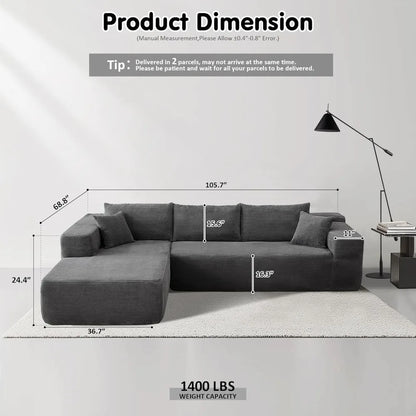 Modern Modular L-Shape Sectional Sofa with Deep Seating for Living Room and Bedroom, Cloud Sectional Couch with Chaise