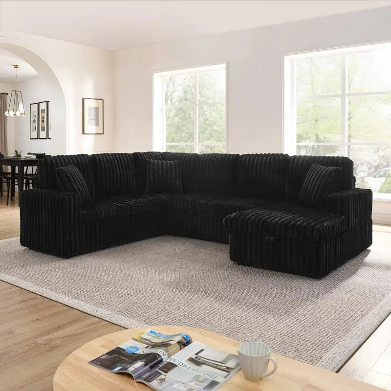 Modern Minimalist U-shaped Corduroy Striped Sofa with Pull-out Bed & Storage Chaise, Soft Black Couch for Stylish Living Room,