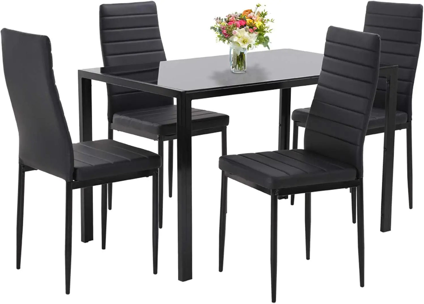 5-Piece Dining Table Set, Rectangular Black Glass Table with 4 Faux Leather Metal Chairs, Modern for Small Spaces