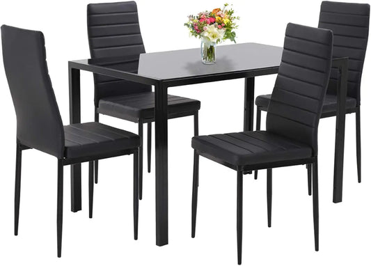 5-Piece Dining Table Set, Rectangular Black Glass Table with 4 Faux Leather Metal Chairs, Modern for Small Spaces
