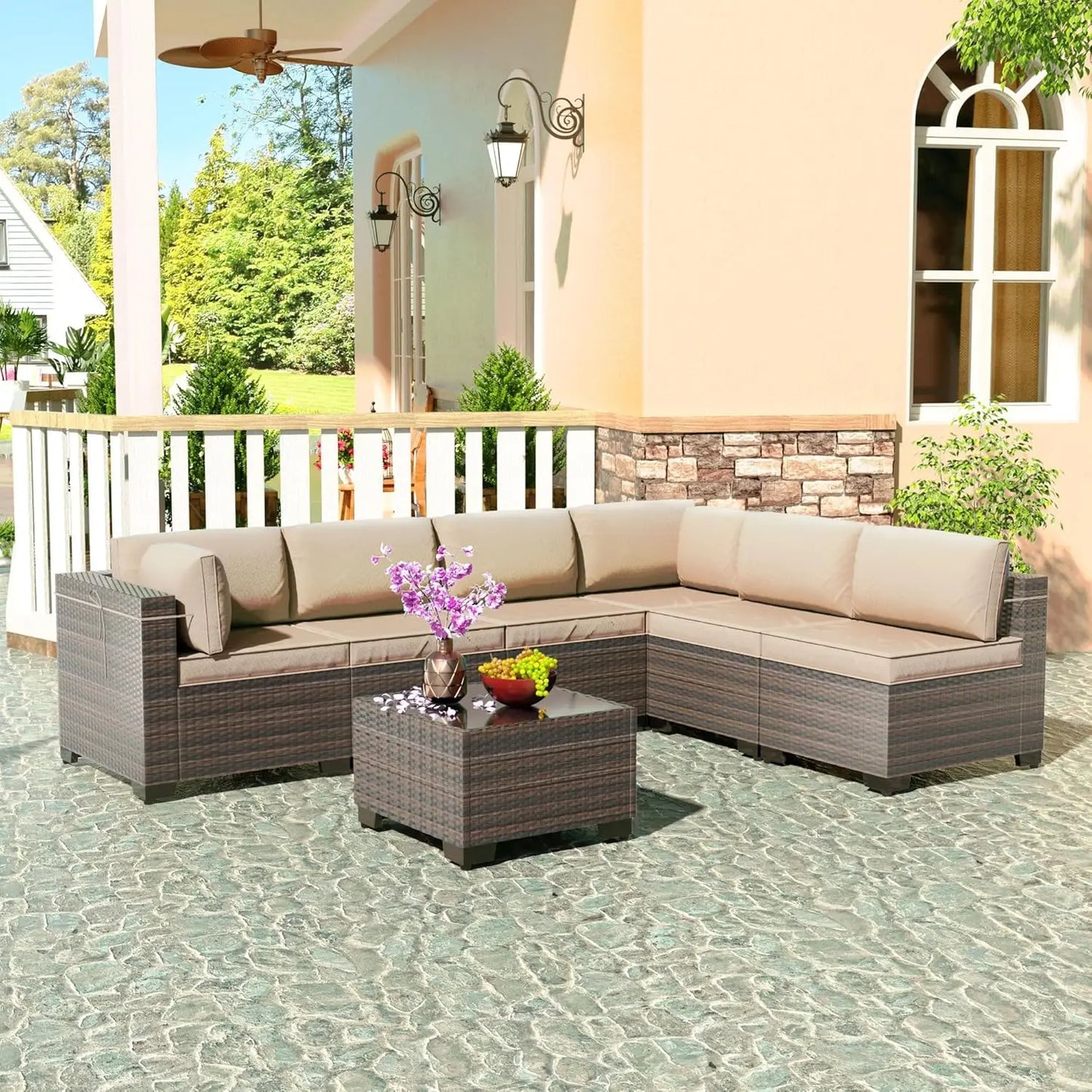 7 Pieces Outdoor Patio Furniture Sets,Wicker Conversation Set Sectional Sofa,Includes 6 All-Weather High Back PE, Customized