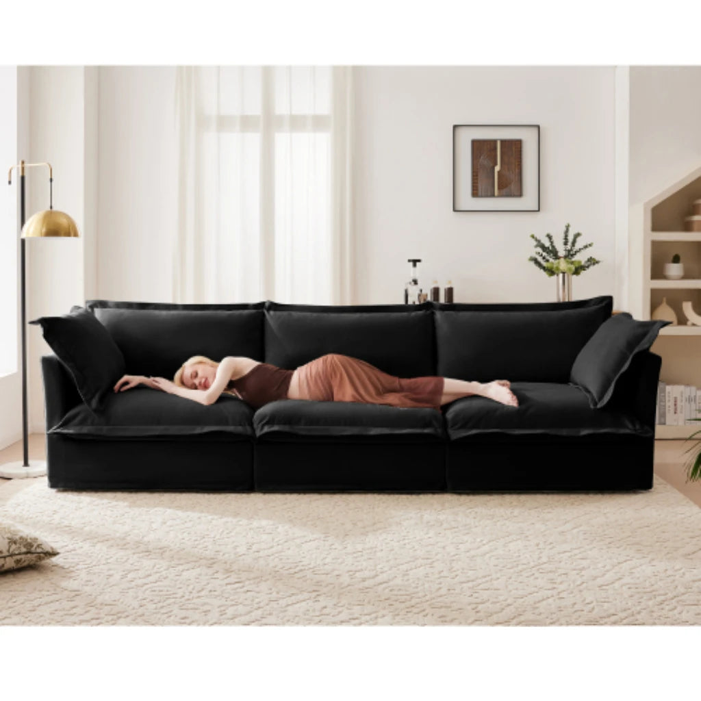 Comfortable modern three seater sofa with soft armrests, deep seated sofa with multiple soft large pillows