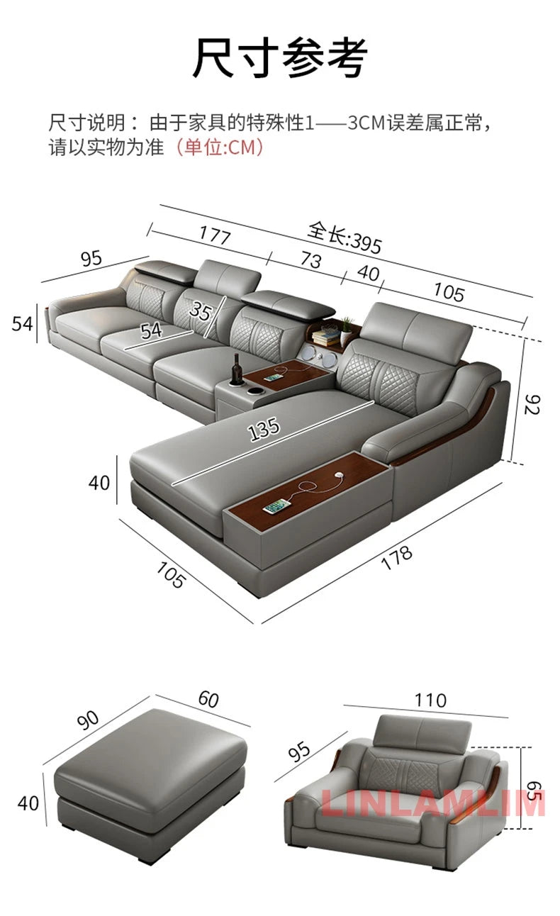 Modern U-Shaped Sectional Sofa Set with Chaise Lounge, Genuine Leather Couch with Storage Table, USB – Big Living Room Furniture