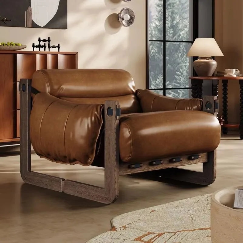 2025 Hot Sale Medieval Style Oil-wax Leather Single Sofa Leisure Chair Household Chair for Living Room