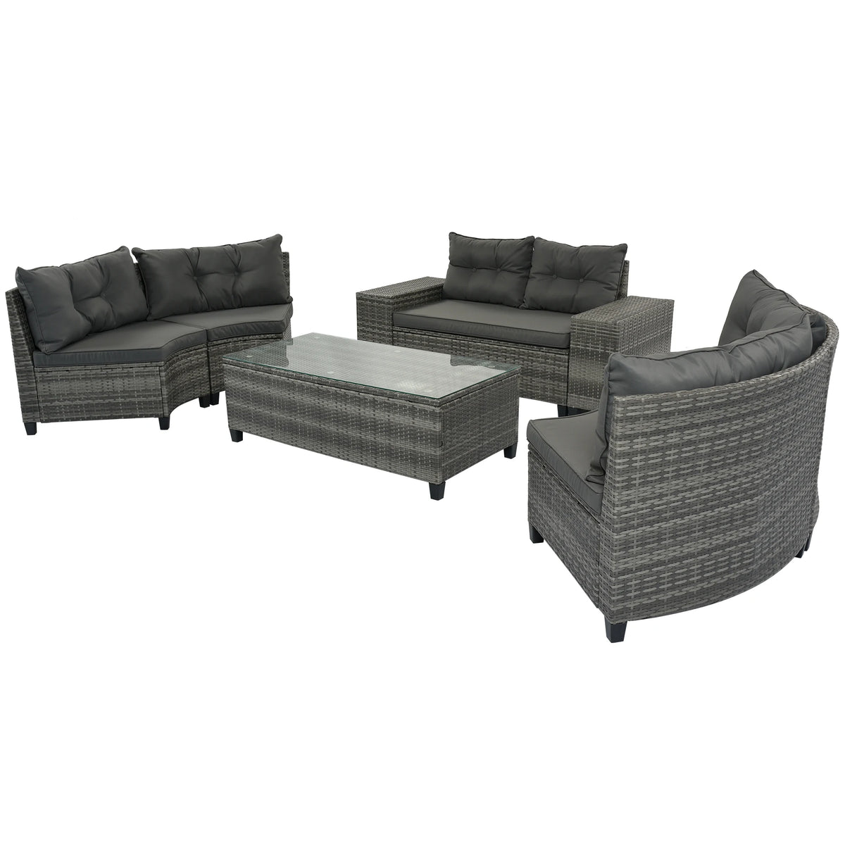 8-pieces Outdoor Wicker Round Sofa Set, Half-Moon Sectional Sets All Weather, Curved Sofa Set With Rectangular Coffee Table, PE